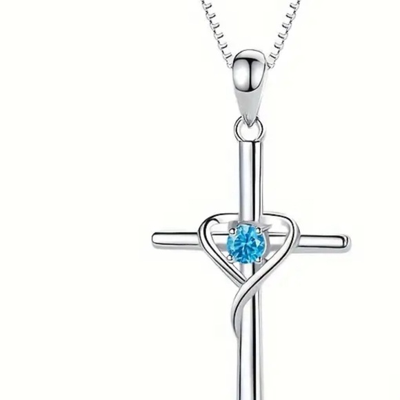 925 Sterling Silver Cross With Blue Zirconia!!! - Picture 2 of 4